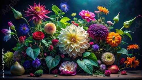 Wallpaper Mural Ethereal night garden blooms: moonflower, jasmine, dahlia, cactus, nightshade, primrose. AI-generated dark floral art. Torontodigital.ca
