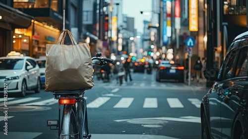 Wallpaper Mural A delivery bicycle with a food carrier bag hanging from the back rack in a busy city. Torontodigital.ca