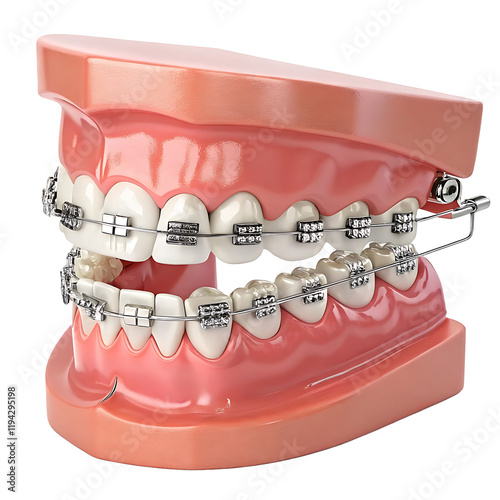Dentition with self ligating steel dental braces on transparent background, Braces 3d illustration,  Fake Teeth Set With Braces