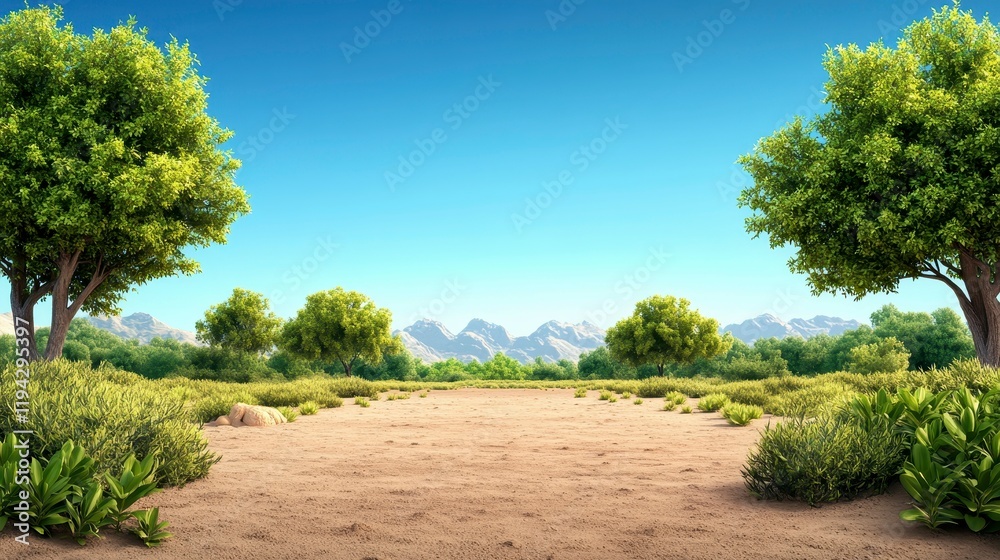 Serene landscape with lush greenery and distant mountains under a clear blue sky