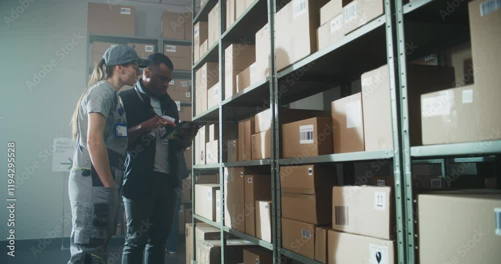 Multiethnic Inventory Specialists Scan Parcels with E-Commerce Online Orders, Check Inventory Using Tablet Computer in Warehouse Retail Facility. Logistics Distribution Center, Postal Delivery Service Multiethnic Inventory Specialists Scan Parcels with E-Commerce Online Orders, Check Inventory Using Tablet Computer in Warehouse Retail Facility. Logistics Distribution Center, Postal Delivery Service