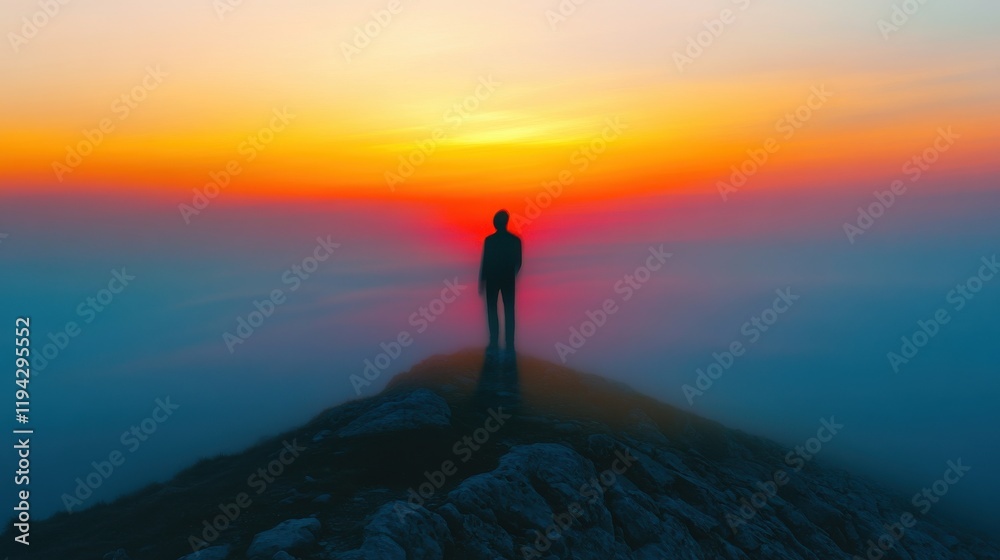 Silhouette person standing on mountain top with colorful sunset Silhouette person standing on mountain top with colorful sunset