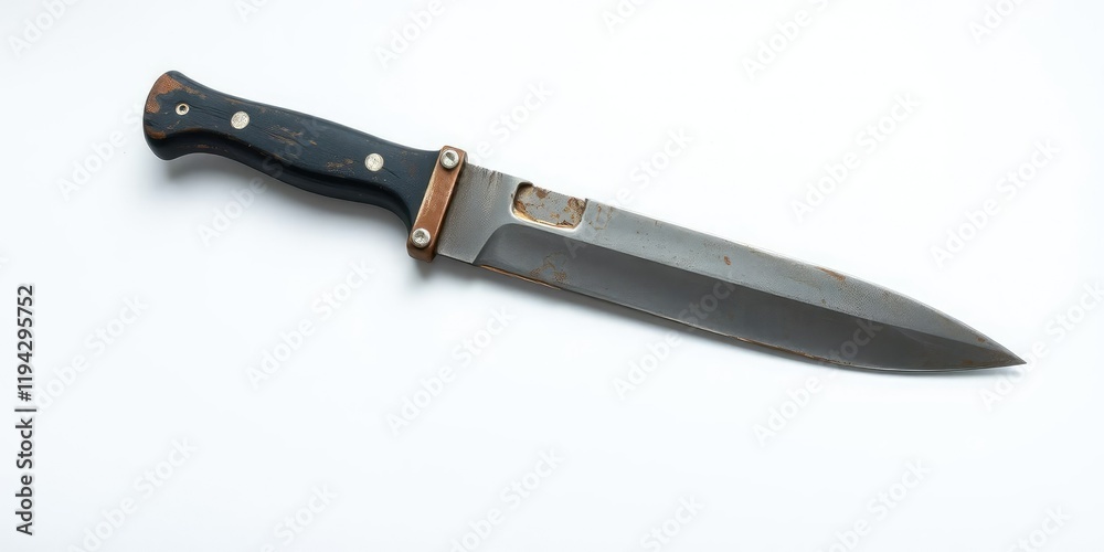A close-up photo of a worn machete with a weathered blade, isolated on a white background, cutting, worn, knife A close-up photo of a worn machete with a weathered blade, isolated on a white background, cutting, worn, knife