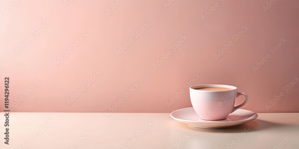 A Pale Pink Mug of Warm Beverage Rests on a Matching Saucer Against a Soft Pink Wall A Pale Pink Mug of Warm Beverage Rests on a Matching Saucer Against a Soft Pink Wall