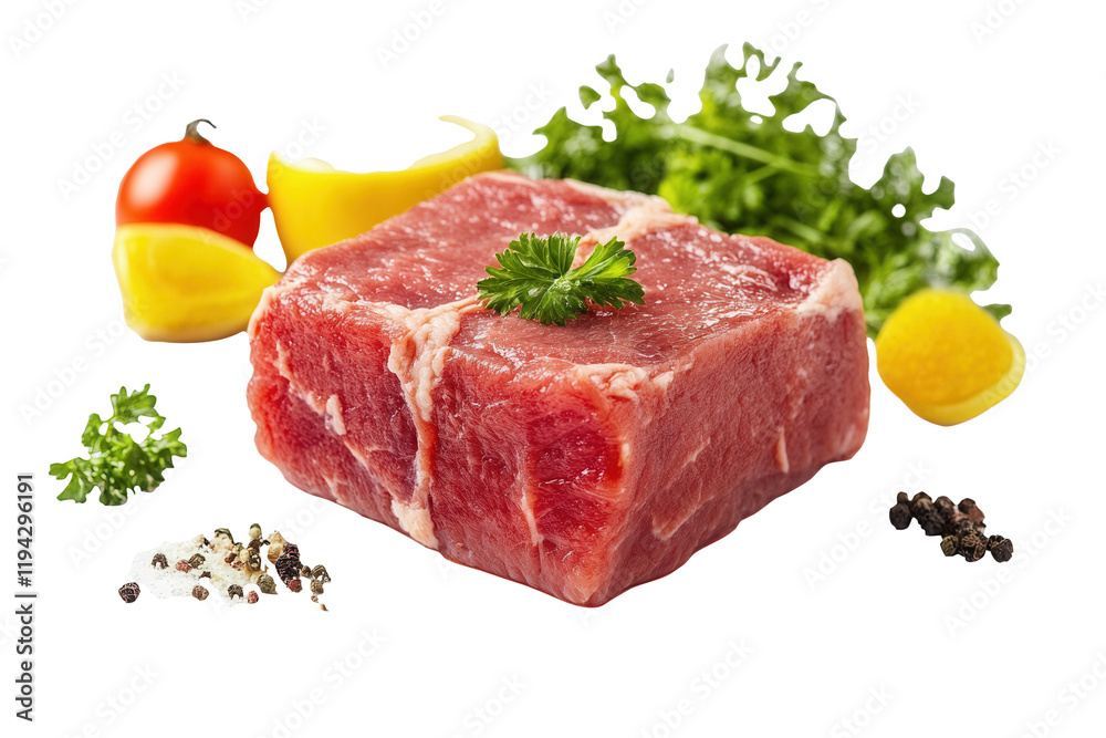 Raw beef steak, herbs, lemon, white background Raw beef steak, herbs, lemon, white background