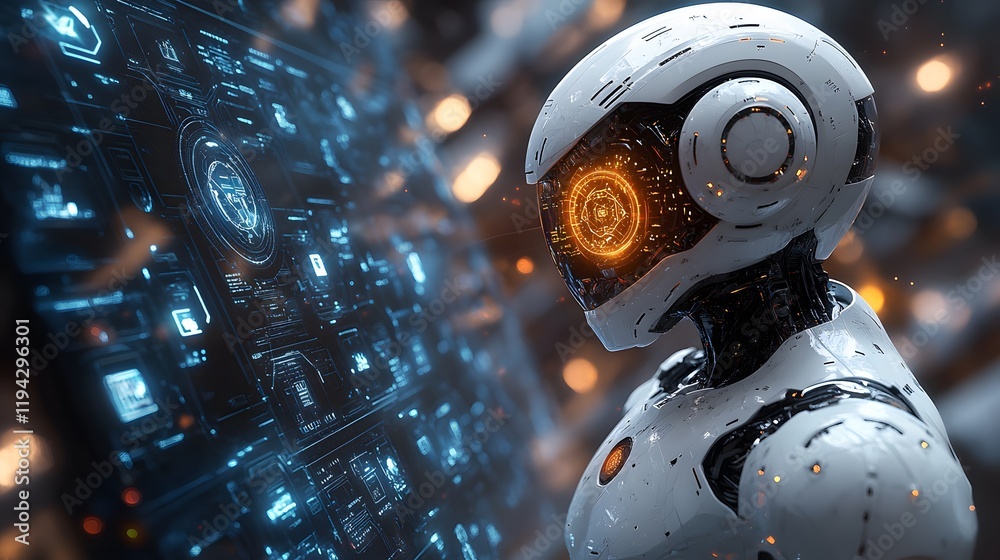 Fototapeta premium Vector illustration of a humanoid robot with a glowing AI core surrounded by interactive holographic icons