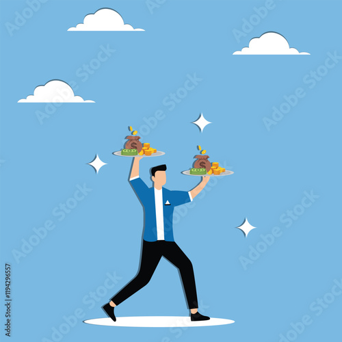 Business services, investment or financial services and support, financial advisors, business professionals holding trays full of money in both hands