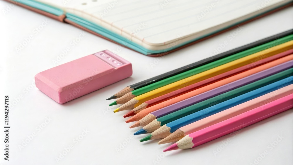 A collection of colored pencils and an eraser including pink one stacked on top, desk organizer, school materials, colorful stationery, art supplies A collection of colored pencils and an eraser including pink one stacked on top, desk organizer, school materials, colorful stationery, art supplies