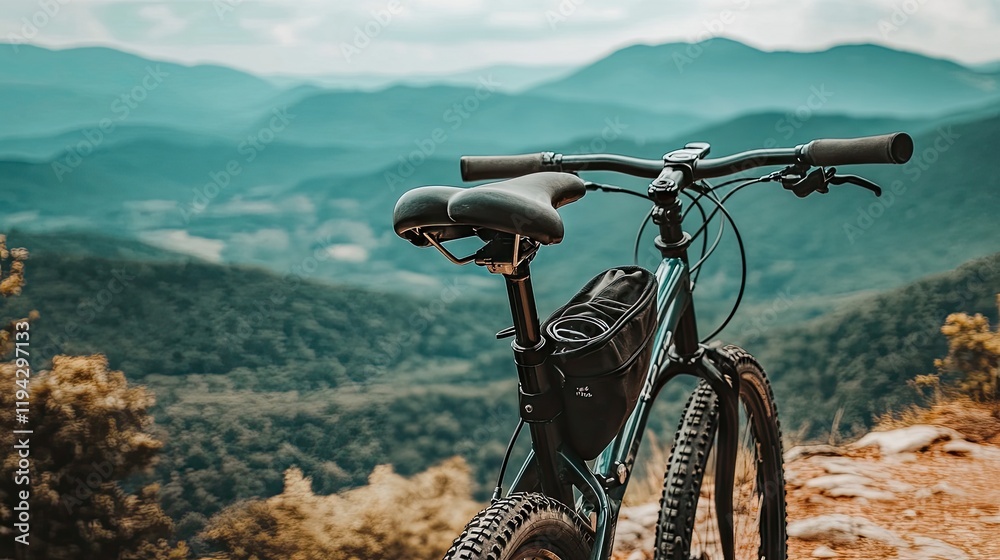 A modern bicycle with a small tool pouch hanging under the seat, placed on a mountain trail. A modern bicycle with a small tool pouch hanging under the seat, placed on a mountain trail.