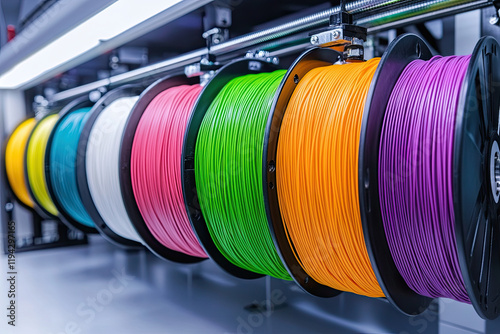 Brightly colored filament spools arranged neatly next to a printer photo