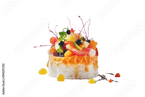 Gourmet sushi, studio shot, seafood, garnish, white background, food photography