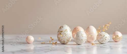 A collection of hand-painted Easter eggs in pastel hues and intricate designs on a marble table, easter eggs, spring decor, elegant arrangement., easter crafts, pastel colors photo