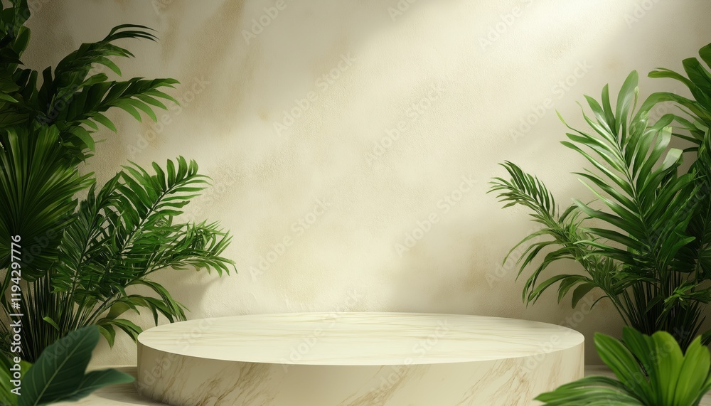 Stone podium with tropical plant leaves for product presentation and beige concrete background Stone podium with tropical plant leaves for product presentation and beige concrete background