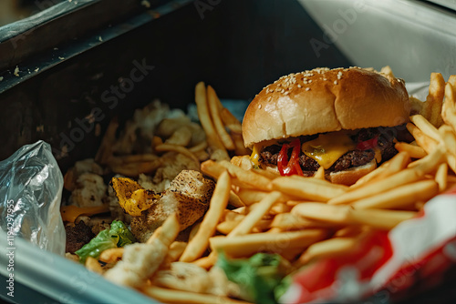 Pile of untouched food next to a bin, symbolizing rejection or purging photo