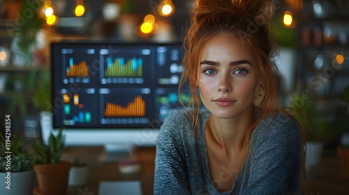 Free Download A female entrepreneur analyzing virtual business charts and financial metrics in a high-tech workspace - GFXLoad