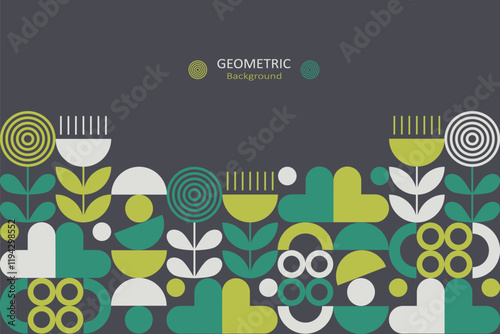 Geometric patterns of abstract shapes such as circles, half-circles, lines, and leaf-like forms. The shades are green, teal, yellow, black, and white. The design is minimalistic and nature-inspired.