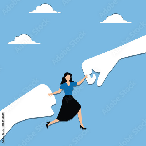 Prohibit conflict, prohibit war, deal with conflicts, clashes and troubles, businesswoman stops two fists about to collide