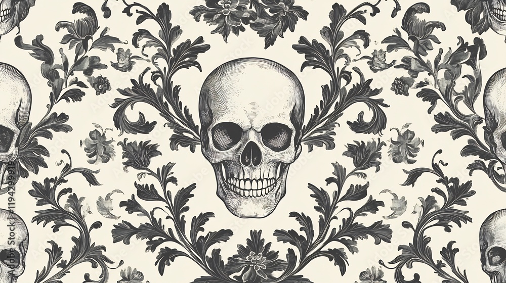 Fototapeta premium Elegant Skull and Floral Damask Wallpaper Design