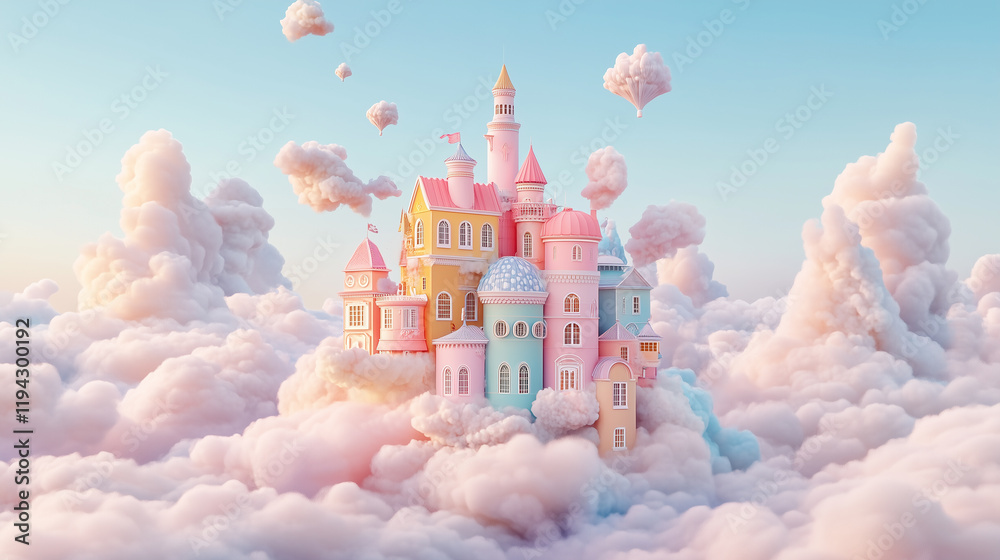 Whimsical pastel castle floating among fluffy clouds Whimsical pastel castle floating among fluffy clouds