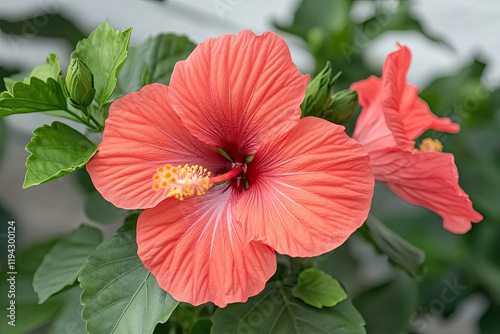 Red hibiscus flower with prominent stamens, symbolizing tropical beauty photo