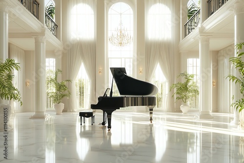 Luxurious grand piano room with golden drapery and large windows