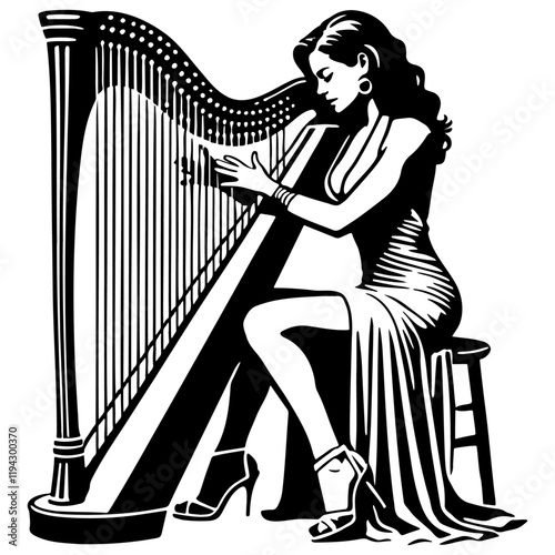 Woman Play Harp Illustration.