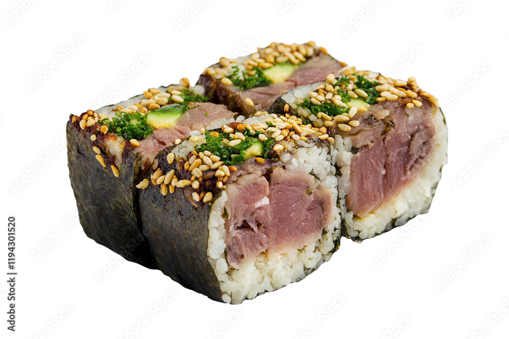 Four Tuna Sushi Rolls, Sesame Seeds, Studio Shot Four Tuna Sushi Rolls, Sesame Seeds, Studio Shot