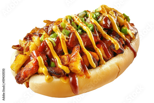 Loaded hot dog, studio shot, white background, food photography photo