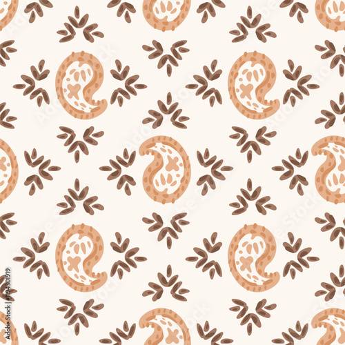 Ethnic hand painted paisley motif with leaves in diamond shapes in a subtle palette of cream, brown and peach on off white background. A seamless vector pattern. Great for homedecor, fabric, wallpaper