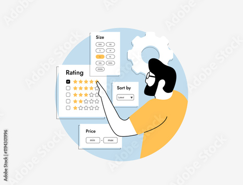 Online shopping concept with user filtering products by rating, price and size. E-commerce browsing, product sorting, customer reviews and personalized shopping experience. Vector illustration