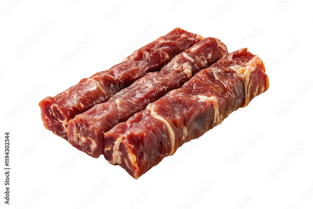 Dried beef sticks studio shot, food photography, white background Dried beef sticks studio shot, food photography, white background