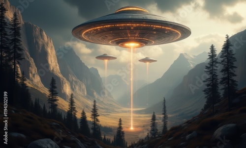 Mysterious UFOs hovering over a valley photo