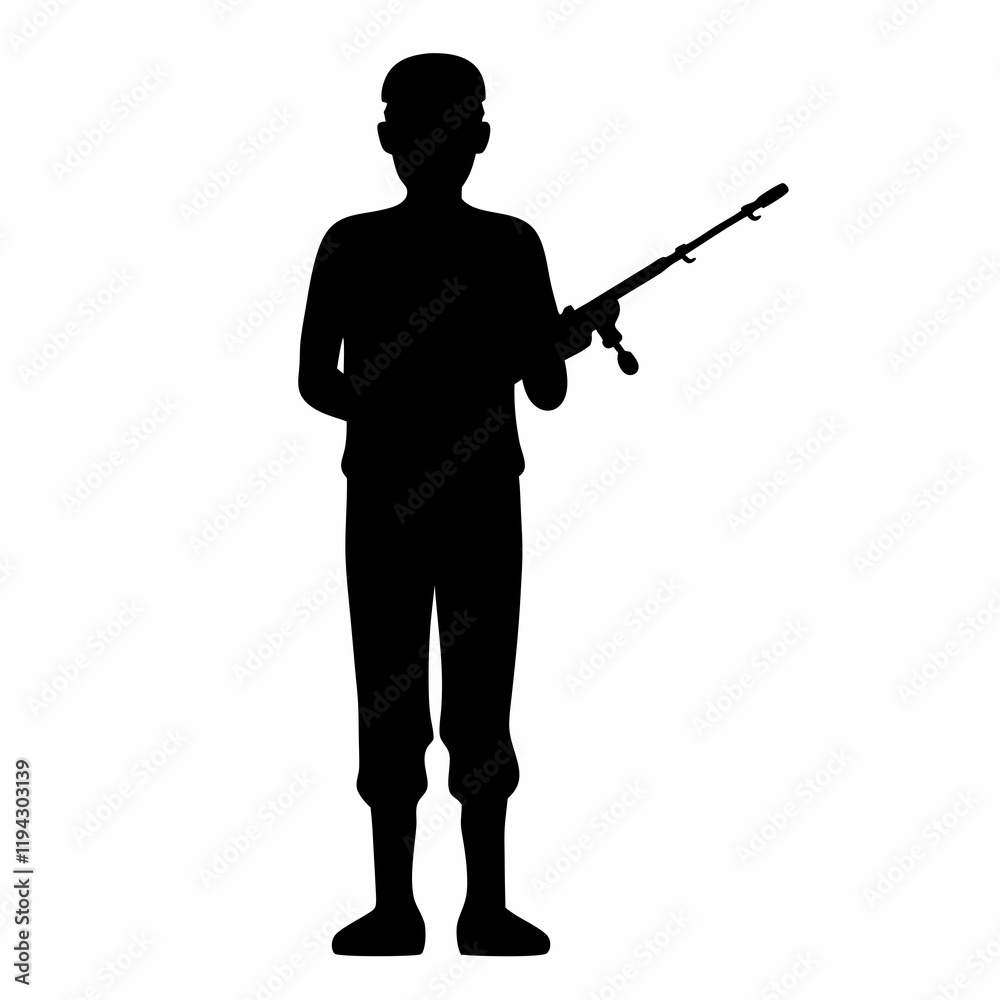 A man is holding a fishing rod and a gun. He is wearing a black shirt and black pants A man is holding a fishing rod and a gun. He is wearing a black shirt and black pants