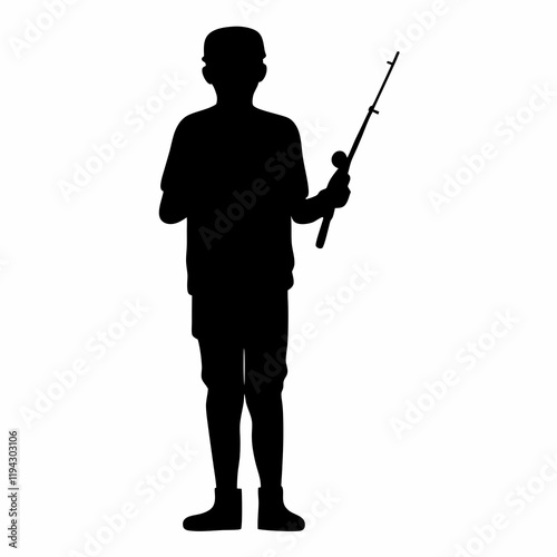 A man is holding a fishing rod and a gun. He is wearing a black shirt and black pants