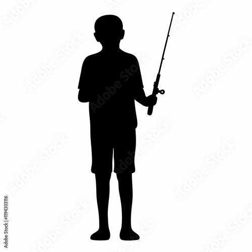 A man is holding a fishing rod and a gun. He is wearing a black shirt and black pants