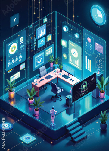 isometric of ai driven office with automated digital devices and technology on it