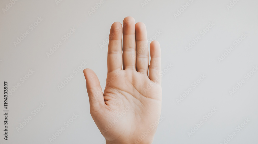 Hand Stop Signal: A close-up shot of a person's open palm facing forward, signaling a stop or halt. The image is clean and simple, ideal for various concepts. Hand Stop Signal: A close-up shot of a person's open palm facing forward, signaling a stop or halt. The image is clean and simple, ideal for various concepts.