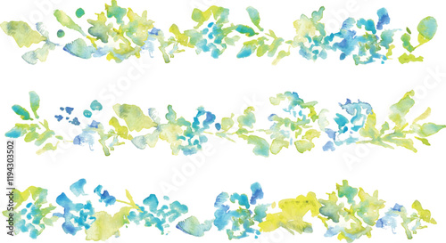 水彩画。水彩タッチの草木と花の新緑フレームパーツ。植物のベクターイラスト。Watercolor. Fresh green frame parts of grass, trees and flowers with watercolor touch. Vector illustration of plants.