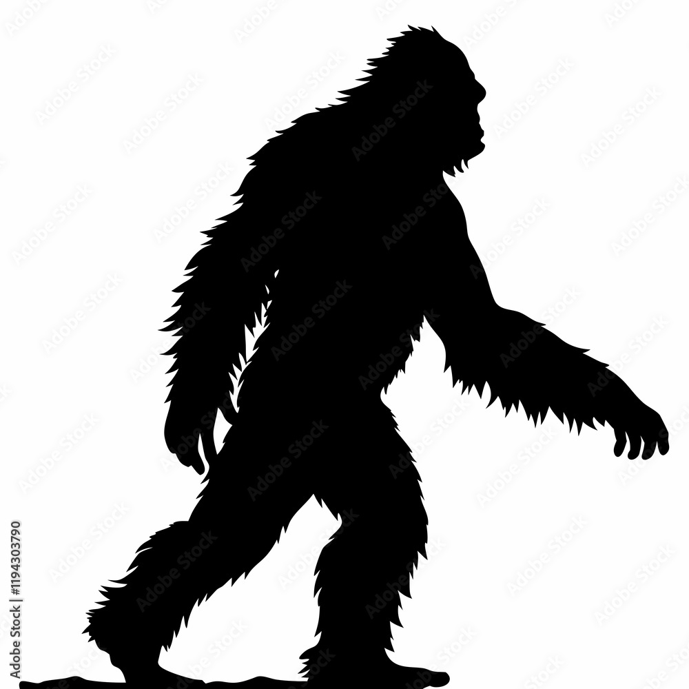 A large black and white drawing of a Bigfoot. The drawing is of a large animal with a long tail and a large head A large black and white drawing of a Bigfoot. The drawing is of a large animal with a long tail and a large head
