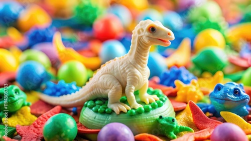 A miniature dinosaur figurine made from ivory sits atop a bed of colorful slime, surrounded by tiny toy dinosaurs and other trinkets, collection, creative, dinosaur, crafting