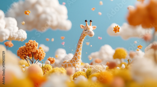 Playful giraffe in a vibrant, whimsical flower field