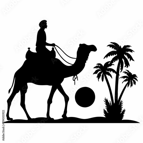 A man is riding a camel in the desert. The camel is carrying a man on its back