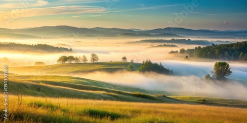 Serene Sunrise Over Rolling Hills and Misty Valleys, a Breathtaking View of Nature's Tranquility