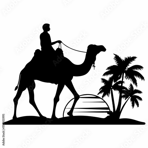 A man is riding a camel in the desert. The camel is carrying a man on its back