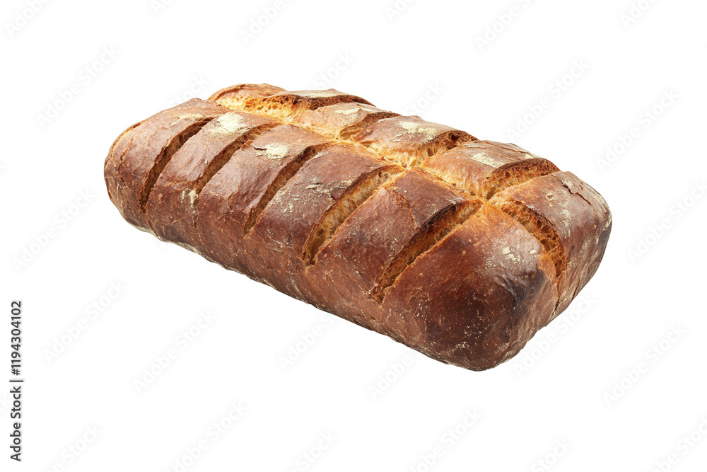 Crusty loaf, baked bread, studio shot, white background, food photography Crusty loaf, baked bread, studio shot, white background, food photography