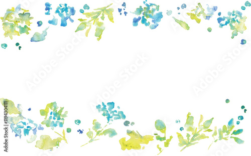 水彩画。水彩タッチの草木と花の新緑フレームパーツ。植物のベクターイラスト。Watercolor. Fresh green frame parts of grass, trees and flowers with watercolor touch. Vector illustration of plants.