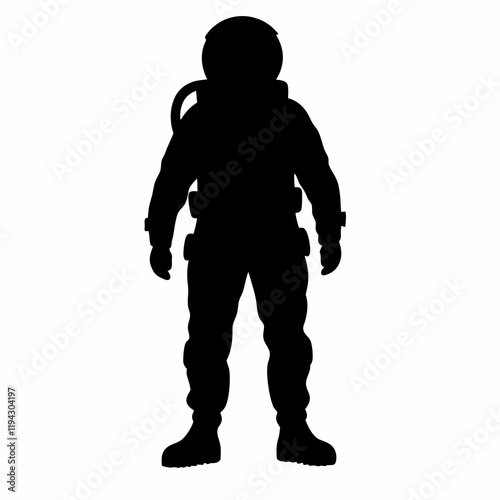 A man in a space suit is standing in front of a white background. He is wearing a helmet and a backpack