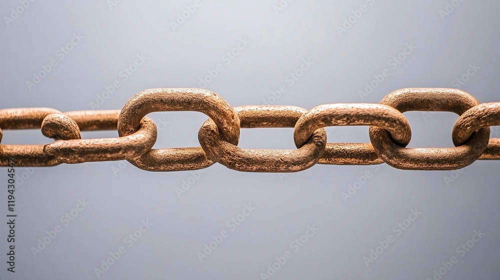Fototapeta premium Rusty Chain Links: A close-up of a weathered chain, each link intricately connected, evokes a sense of strength, unity, and the endurance of time. The rusted surface adds a touch of vintage charm.