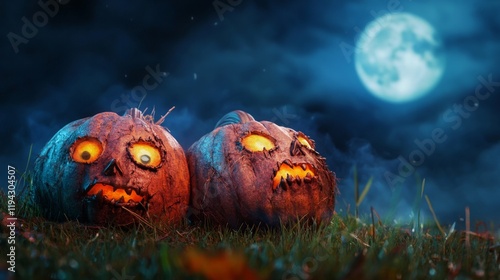 Spooky halloween pumpkins with jack-o-lantern faces on grass under a misty night sky with a full moon, eerie atmosphere for haunted celebrations and fall decorations.


 photo