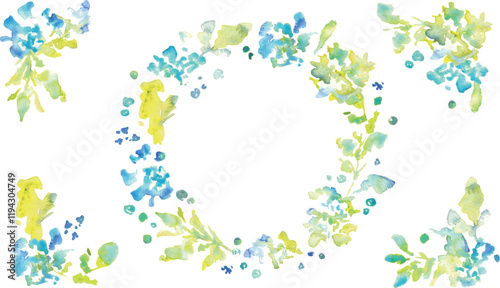 水彩画。水彩タッチの草木と花の新緑フレームパーツ。植物のベクターイラスト。Watercolor. Fresh green frame parts of grass, trees and flowers with watercolor touch. Vector illustration of plants.